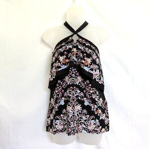 White House Black Market Halter Top XXSP Petite Black Floral Tiered Boho Tie